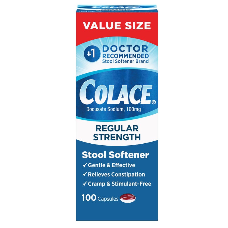 Colace Regular Strength Stool Softener 100 mg Capsules 100 Count Docusate Sodium StimulantFree for Gentle Dependable Occasional Constipation Relief